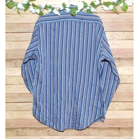 TD Thomas Dean Blue Striped Casual Button Up Shirt Size L Flip Contrast Cuff - Picture 7 of 10